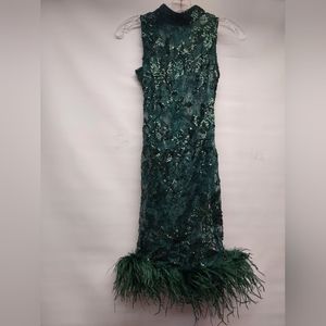 Lace Sheer Long Feather Trim Dress